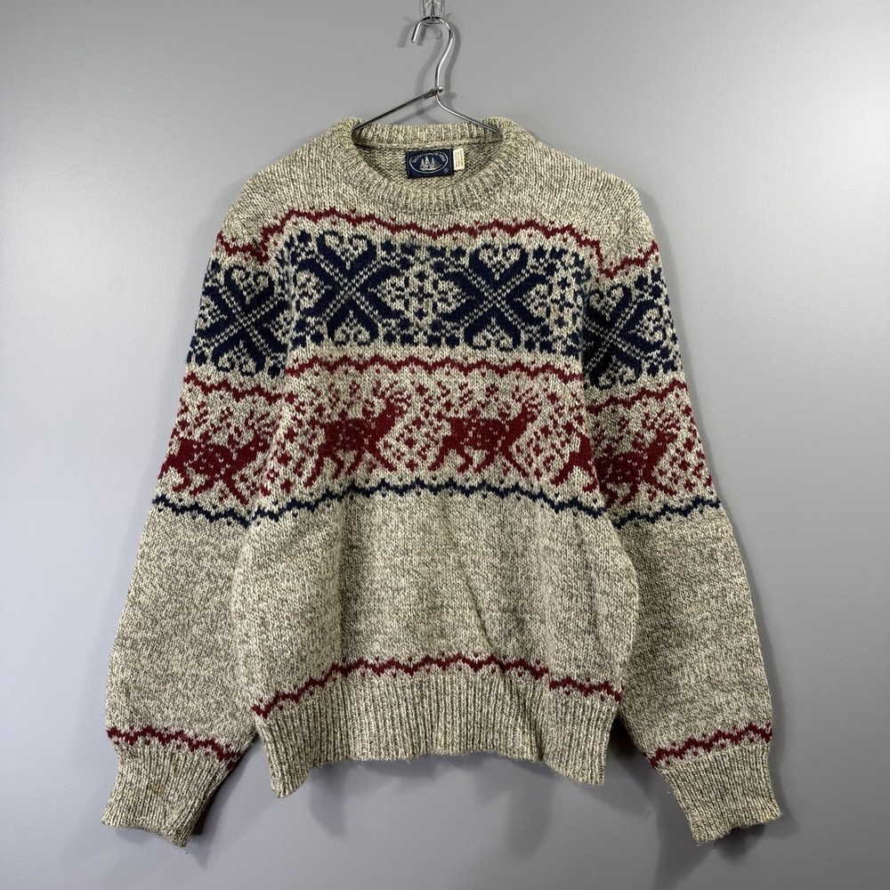 VTG Boathouse Row Sweater Womens Small Beige Wool Reindeer Crewneck Pullover